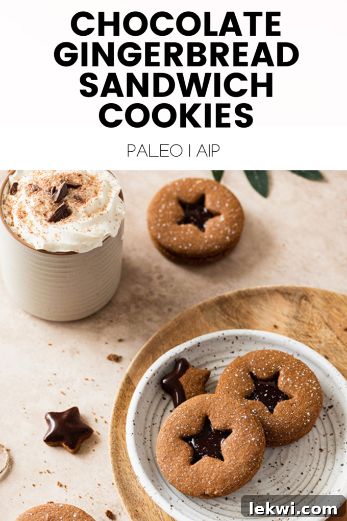Close-up of a stack of chocolate gingerbread sandwich cookies with the text "Chocolate Gingerbread Sandwich Cookies Paleo | AIP." overlaid.