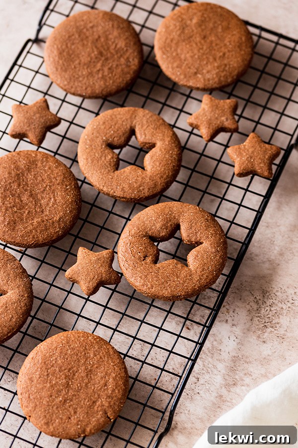 Freshly baked gingerbread cookies cooling on a wire rack.
