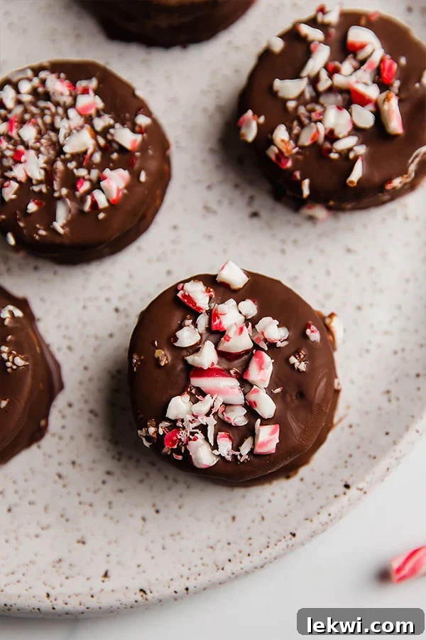 A festive plate of homemade gluten-free peppermint Joe Joe's, showcasing their rich chocolate cookies, creamy white filling, and a tempting chocolate shell adorned with crushed candy canes.