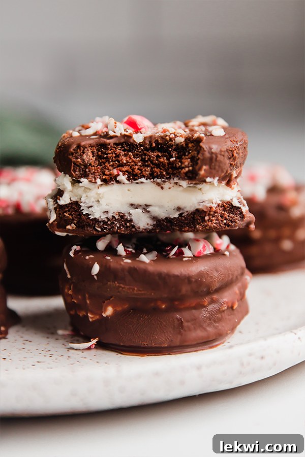 A stack of three peppermint Joe Joe's, showcasing their layered beauty and tempting appearance.