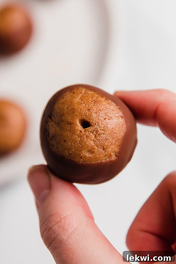 A hand holding a perfectly dipped paleo buckeye, showcasing its rich chocolate coating and visible almond butter top.