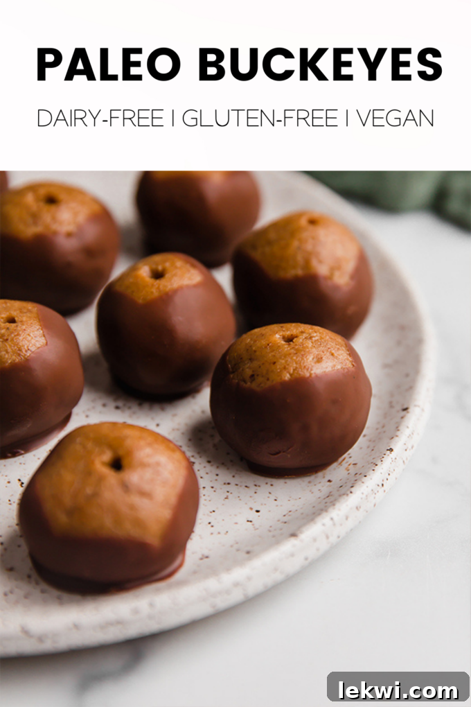 Promotional image featuring several Paleo Buckeyes with text "Paleo Buckeyes Dairy-Free | Gluten-Free | Vegan." on a light background.