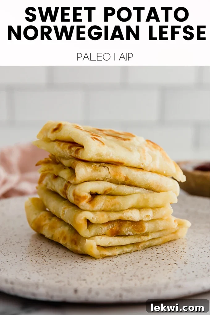 Food with text "Sweet Potato Norwegian Lefse Paleo | AIP," visually representing the dish and its dietary benefits.