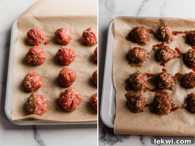 The meatballs on a baking sheet, showing them before and after a quick bake.