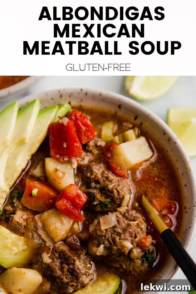 Bowl with text "Albondigas Mexican Meatball Soup Gluten-Free." This image serves as a visual header or promotional graphic for the recipe.