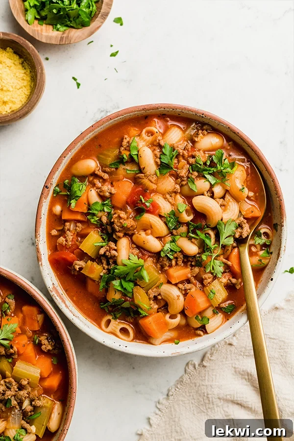 Bowl of healthy gluten-free and dairy-free Pasta Fagioli soup with a spoon, garnished with fresh parsley.