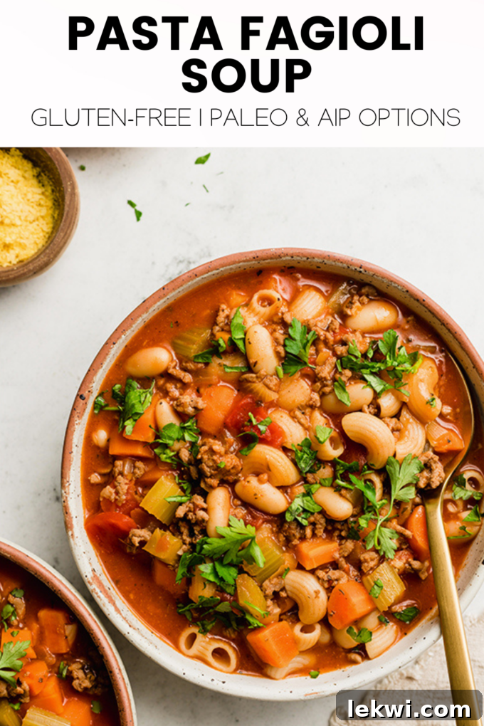 Soup with text "Pasta Fagioli Soup Gluten-Free | Paleo & AIP Options."