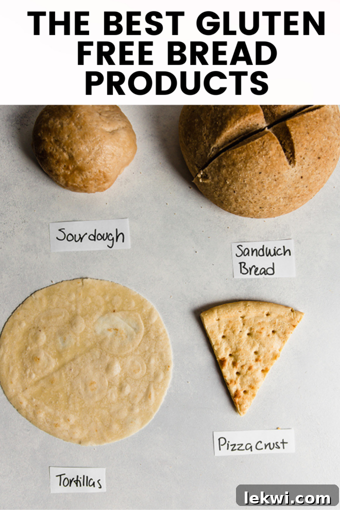 An infographic showcasing a variety of high-quality gluten-free bread products, featuring the title "The Best Gluten Free Bread Products."