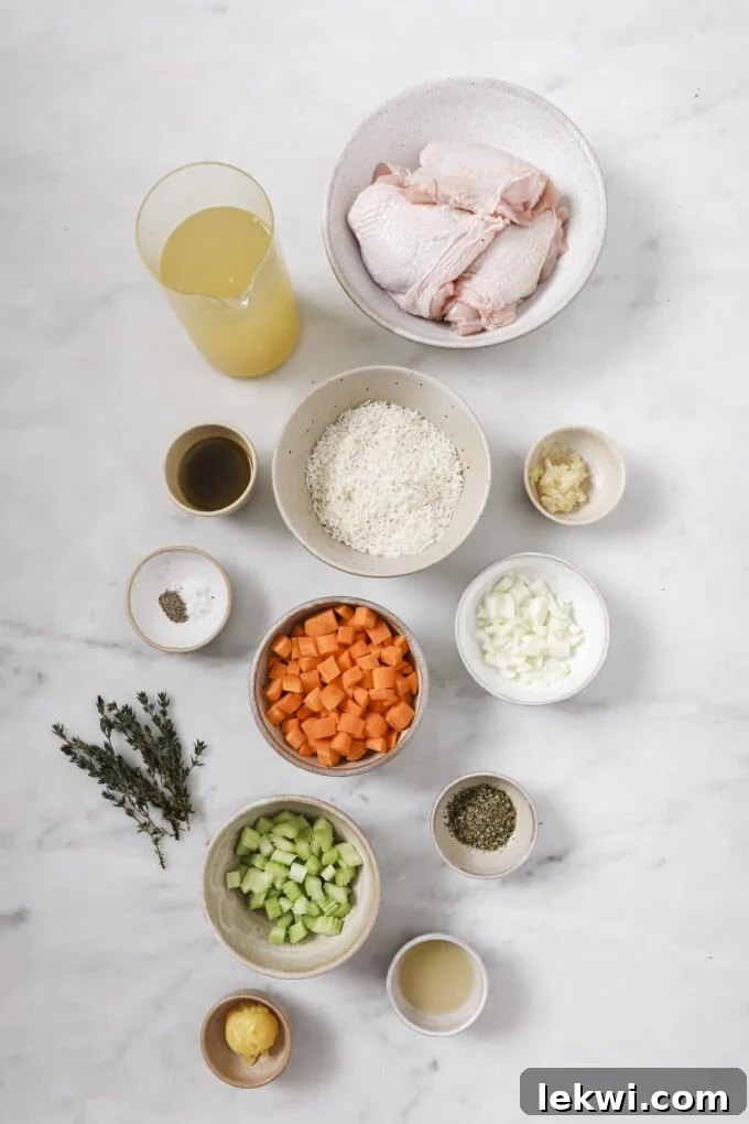 One pot chicken and rice ingredients laid out in separate bowls