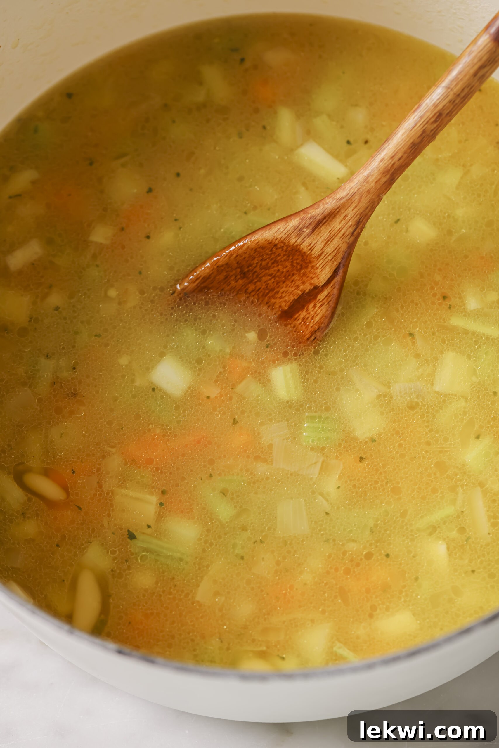 Carrots, onion and celery in a pot with broth, ready to cook.
