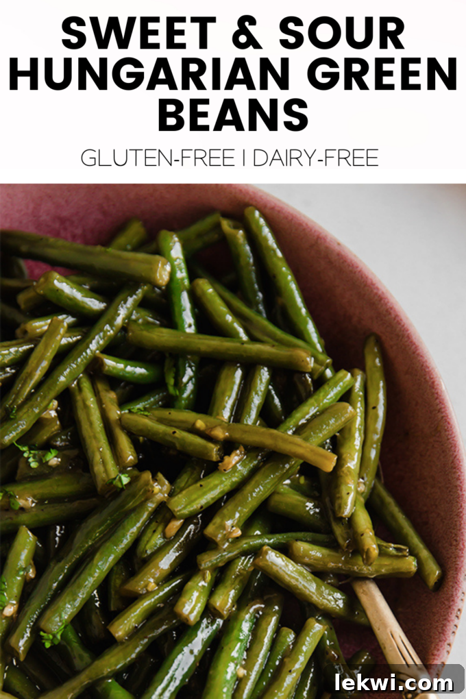 Green beans with text "Sweet & Sour Hungarian Green Beans Gluten-Free | Dairy-Free." on a graphic background.