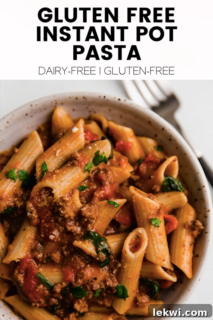 Gluten-Free Instant Pot Pasta banner with text "Gluten Free Instant Pot Pasta Dairy-Free | Gluten-Free."