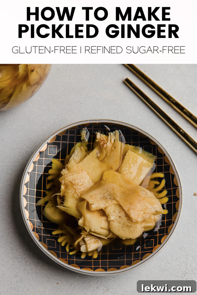 Pickled ginger with text \"How to Make Pickled Ginger Gluten-Free | Refined Sugar-Free.\"
