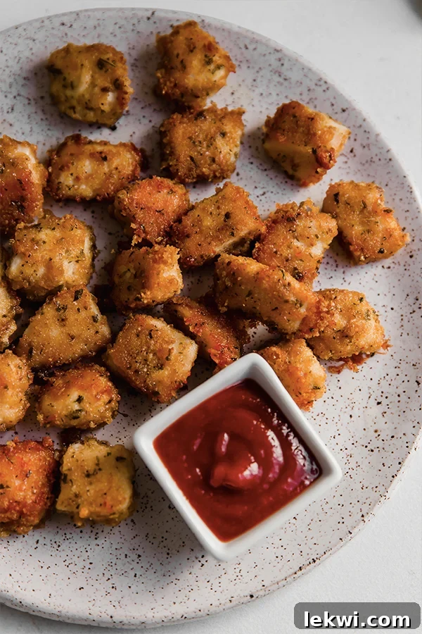 Pork panko chicken nuggets on a plate with dip, highlighting their crispy texture.
