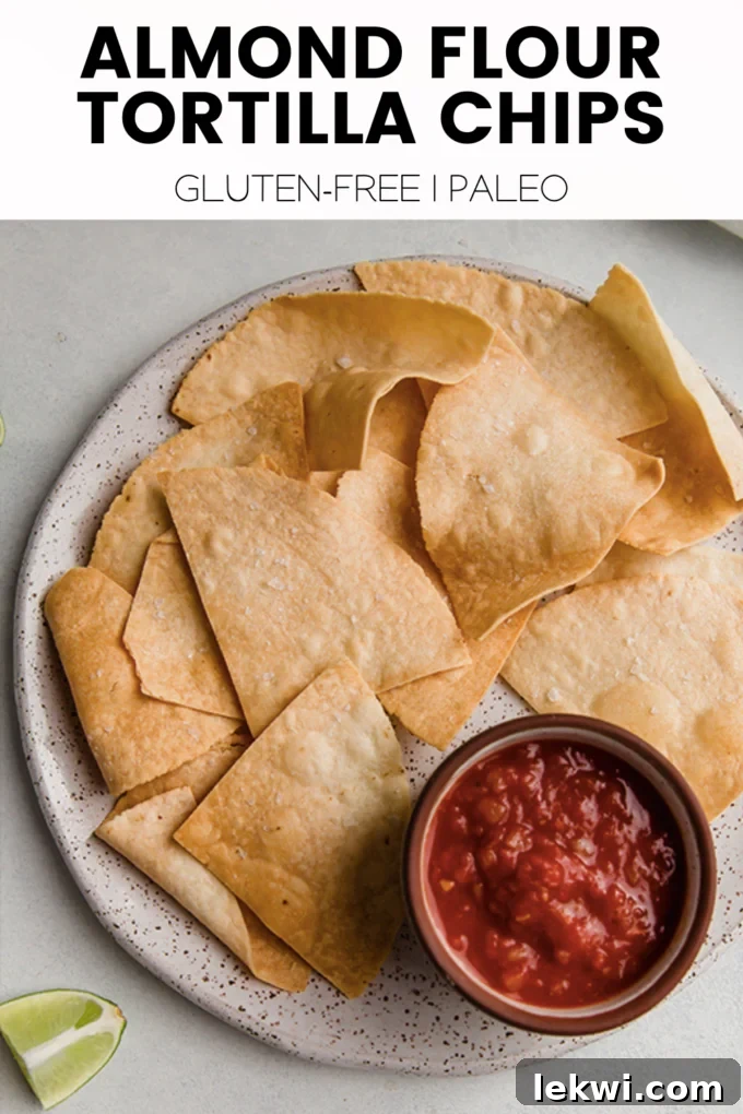 Chips with text "Almond Flour Tortilla Chips Gluten-Free | Paleo."