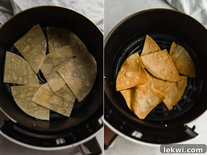 A side-by-side comparison showcasing tortilla pieces both before and after being perfectly air-fried to a golden crisp.