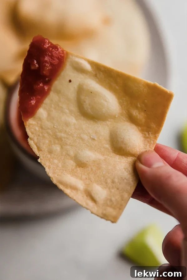 A single, perfectly air-fried almond flour tortilla chip, poised for dipping into a vibrant red salsa.