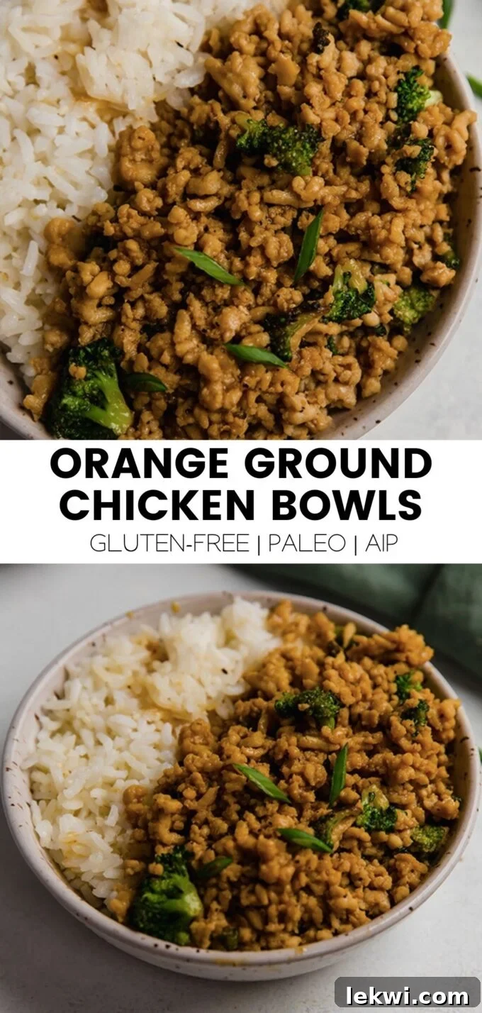 Collage with text "Orange Ground Chicken Bowls Gluten-Free | Paleo | AIP." Highlighting the recipe
