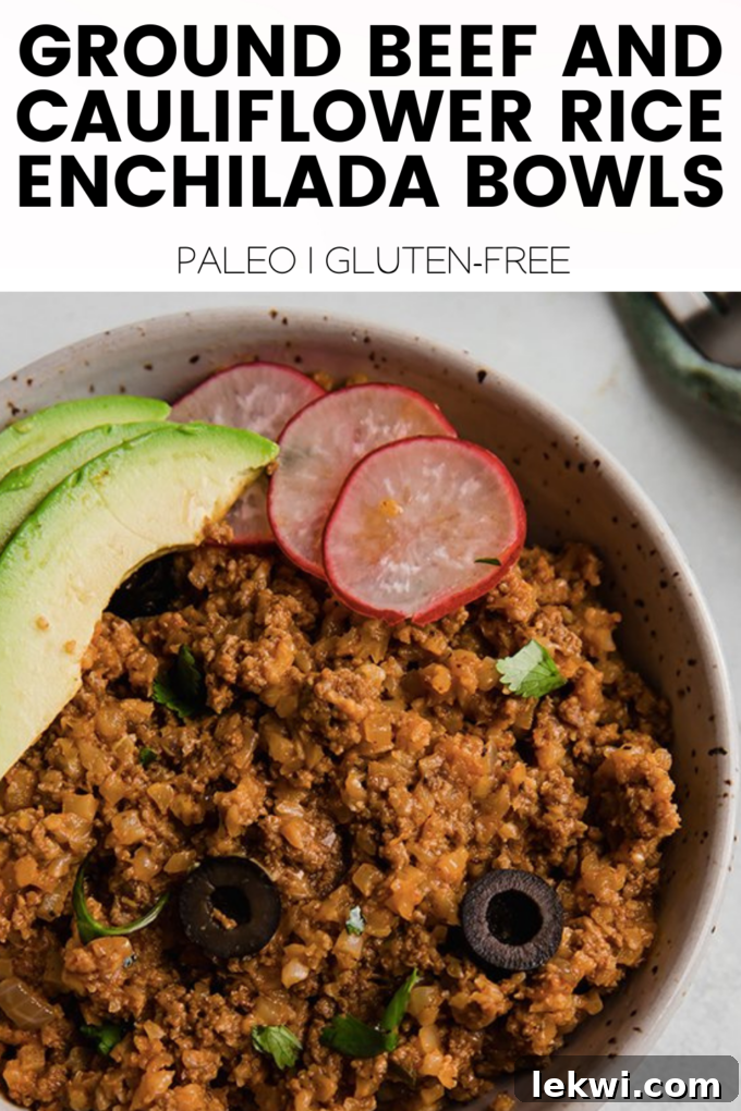 A graphic featuring a bowl of food with the text "Ground Beef and Cauliflower Rice Enchilada Bowls Paleo | Gluten-Free" prominently displayed.