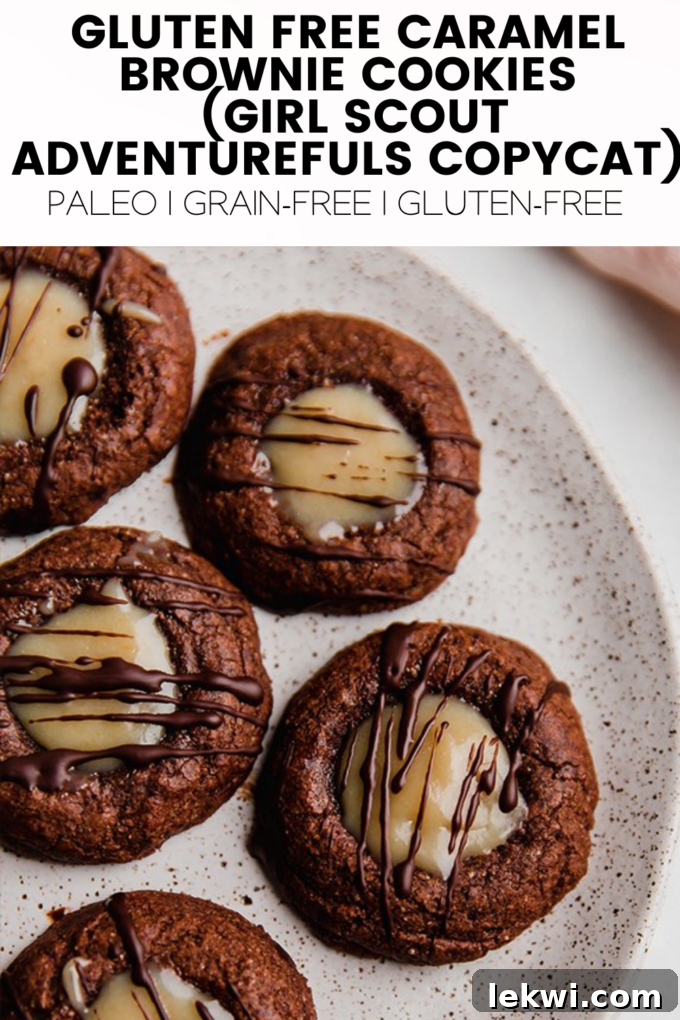 Cookies with text \"Gluten Free Caramel Brownie Cookies (Girl Scout Adventurefuls Copycat) Paleo | Grain-Free | Gluten-Free.\"