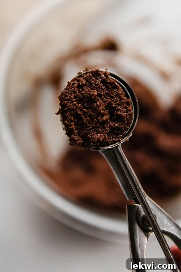 The brownie batter in a scoop to make the copycat adventurefuls.