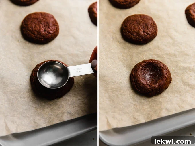 Forming the brownie cookies on a baking sheet before and after baking.