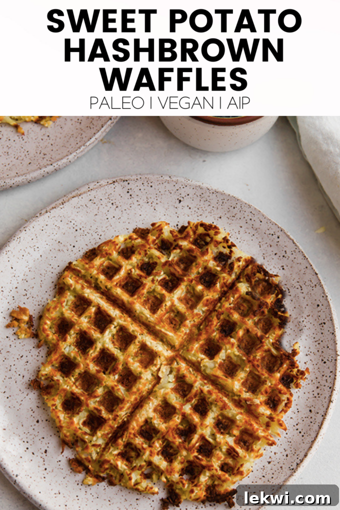 Informative image with text "Sweet Potato Hashbrown Waffles Paleo | Vegan | AIP." highlighting dietary benefits.