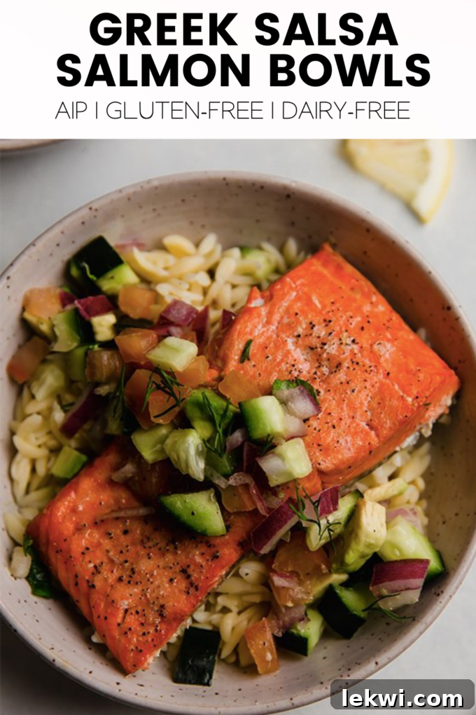 Food with text "Greek Salsa Salmon Bowls AIP | Gluten-Free | Dairy-Free."