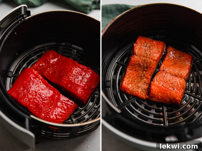 Before and after view of salmon fillets, showing them seasoned and ready for air frying, and then perfectly cooked and flaky.