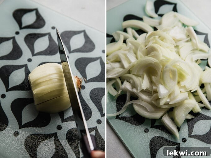 Step-by-step image demonstrating how to slice an onion into thin strips for caramelization.