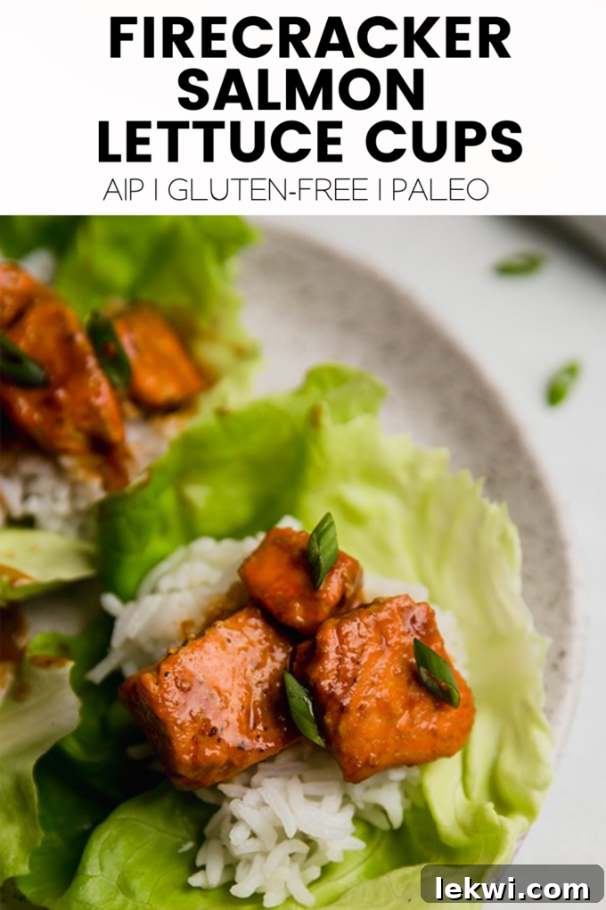 Large promotional graphic for Firecracker Salmon Lettuce Cups, clearly stating "AIP | Gluten-Free | Paleo" to highlight its dietary benefits.