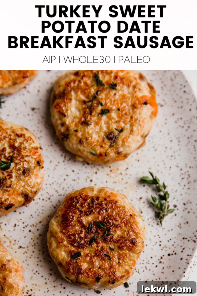 An eye-catching image featuring a plate of sausage with text overlay: "Turkey Sweet Potato Date Breakfast Sausage AIP | Whole30 | Paleo." This image is designed to attract attention on social media and highlight the recipe