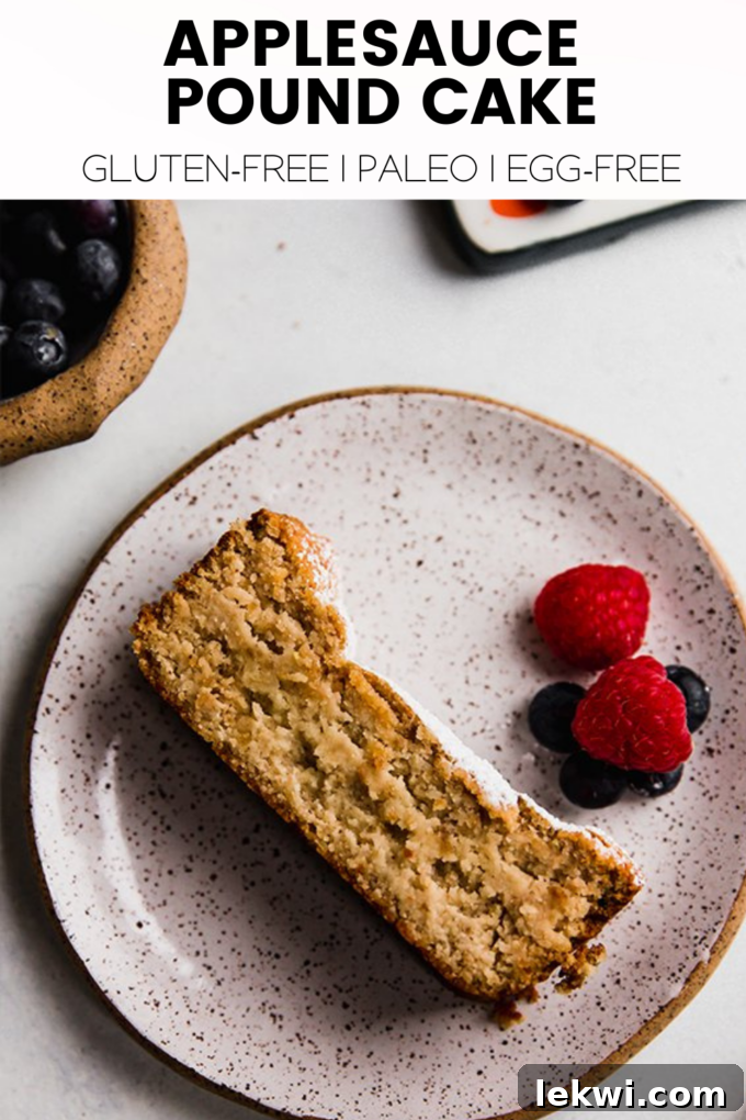 Slice of cake with text "Applesauce Pound Cake Gluten-Free | Paleo | Egg-Free."