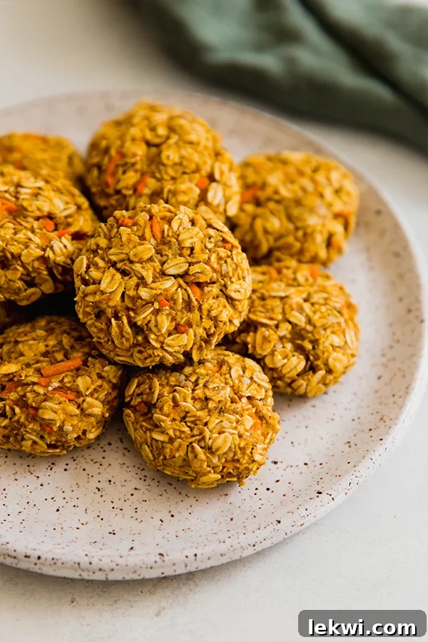 A vibrant pile of healthy applesauce carrot cookies, showcasing their golden-brown edges and soft texture, arranged invitingly on a white plate, ready to be enjoyed.