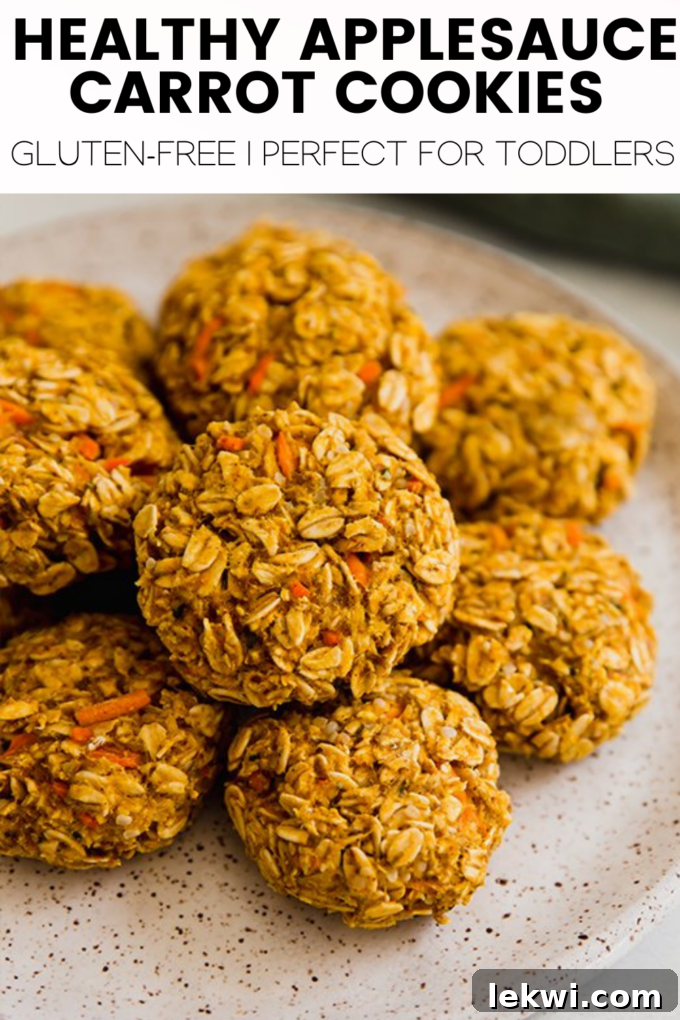 Visually appealing graphic of cookies with text "Healthy Applesauce Carrot Cookies Gluten-Free | Perfect for Toddlers." Ideal for sharing on social media.