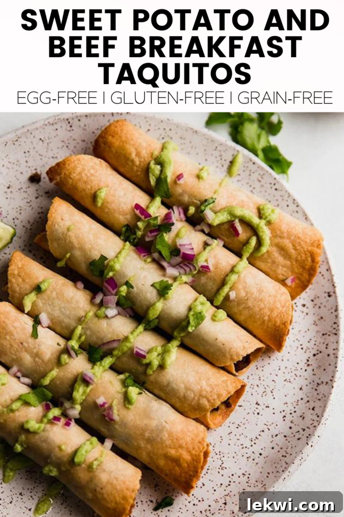 Vibrant image of taquitos with text overlay: "Sweet Potato and Beef Breakfast Taquitos. Egg-Free | Gluten-Free | Grain-Free. Easy & Freezer Friendly!"