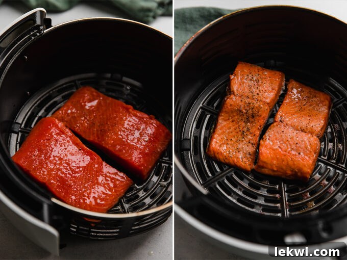 Salmon cooking in the air fryer basket, showing the healthy meal prep.