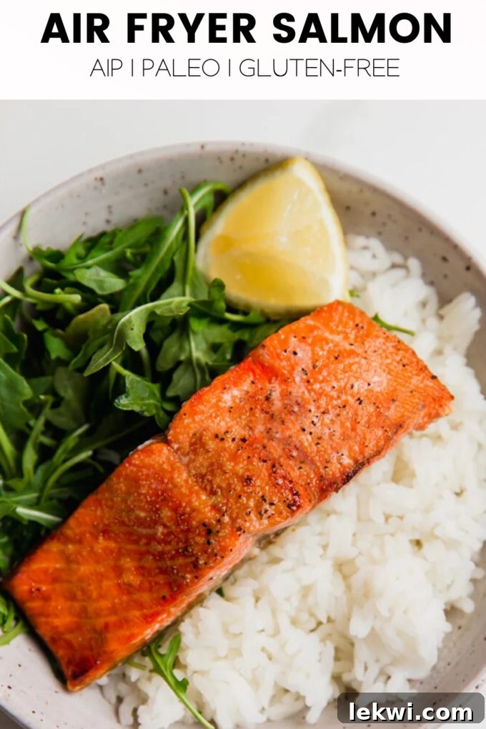 Plate of food with text "Air Fryer Salmon AIP | Paleo | Gluten-Free." highlighting dietary benefits.