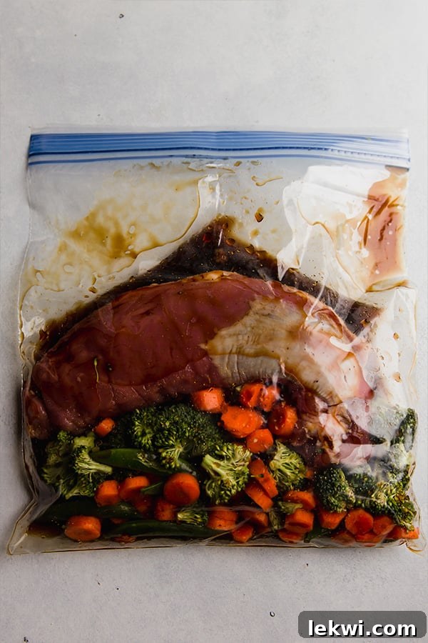 The freezer bag of slow cooker teriyaki pork tenderloin, ready for future meal prep.