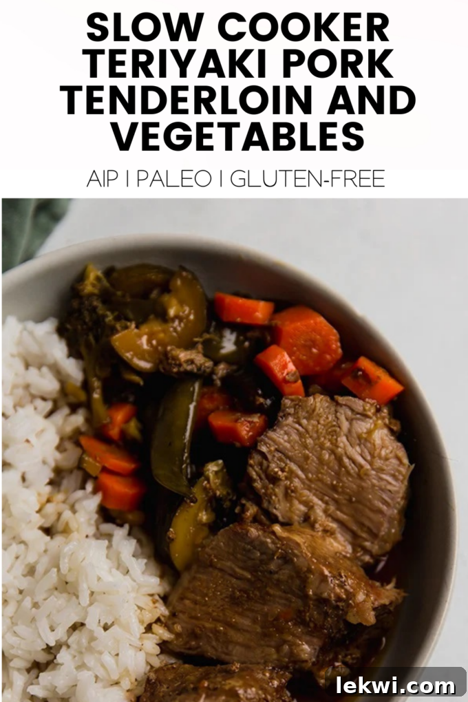Food with text "Slow Cooker Teriyaki Pork Tenderloin and Vegetables AIP | Paleo | Gluten-Free." A promotional image for the recipe.