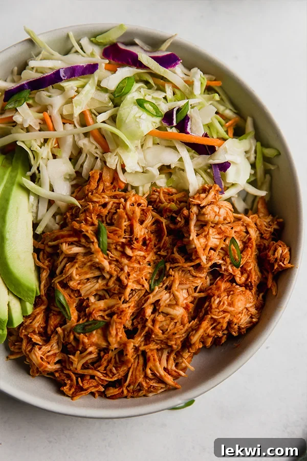 A beautifully presented shredded BBQ chicken bowl, ready to be enjoyed.