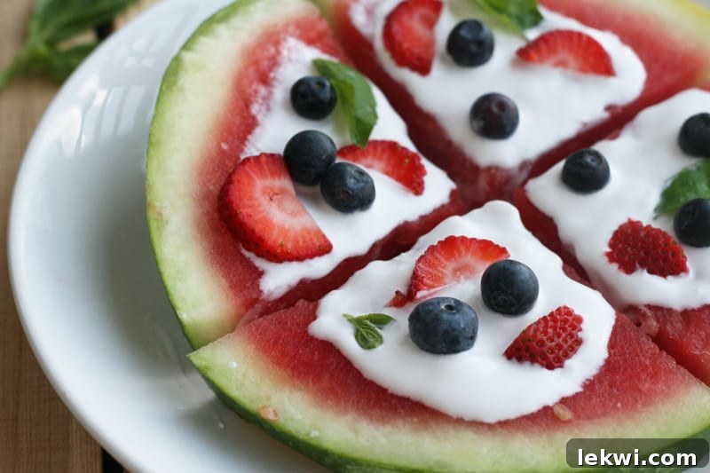 Refreshing Red, White & Blue Watermelon Basil Fruit Pizza