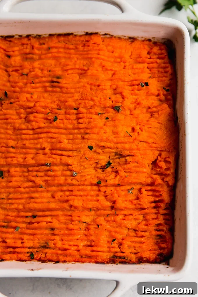 A golden-brown sweet potato shepherd's pie in a rustic baking dish, ready to be served.