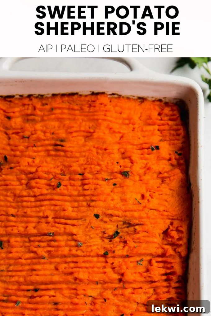 Graphic banner promoting Sweet Potato Shepherd's Pie as AIP, Paleo, and Gluten-Free.