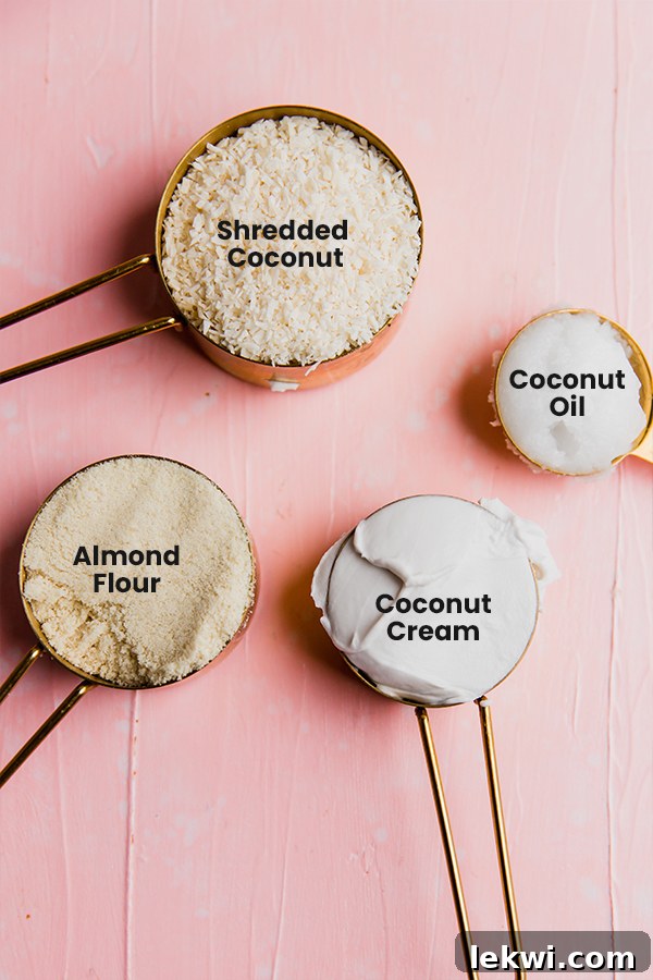 A selection of ingredients for coconut macaroons, including shredded coconut, almond flour, maple syrup, and chocolate chips in bowls.