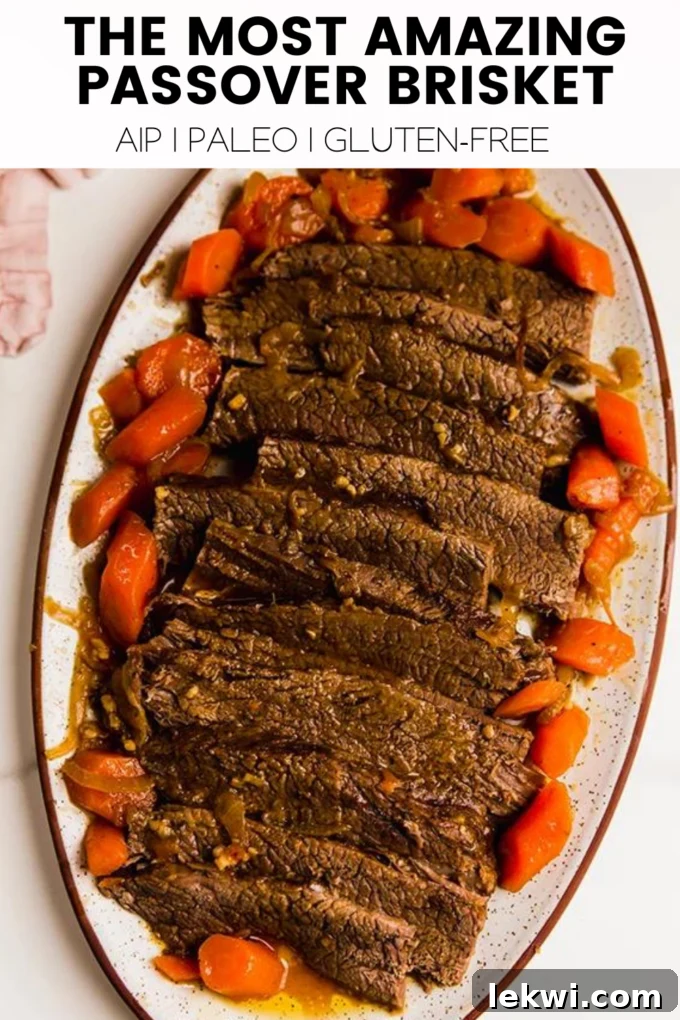 Platter of food with text \"The Most Amazing Passover Brisket AIP | Paleo | Gluten-Free.\"