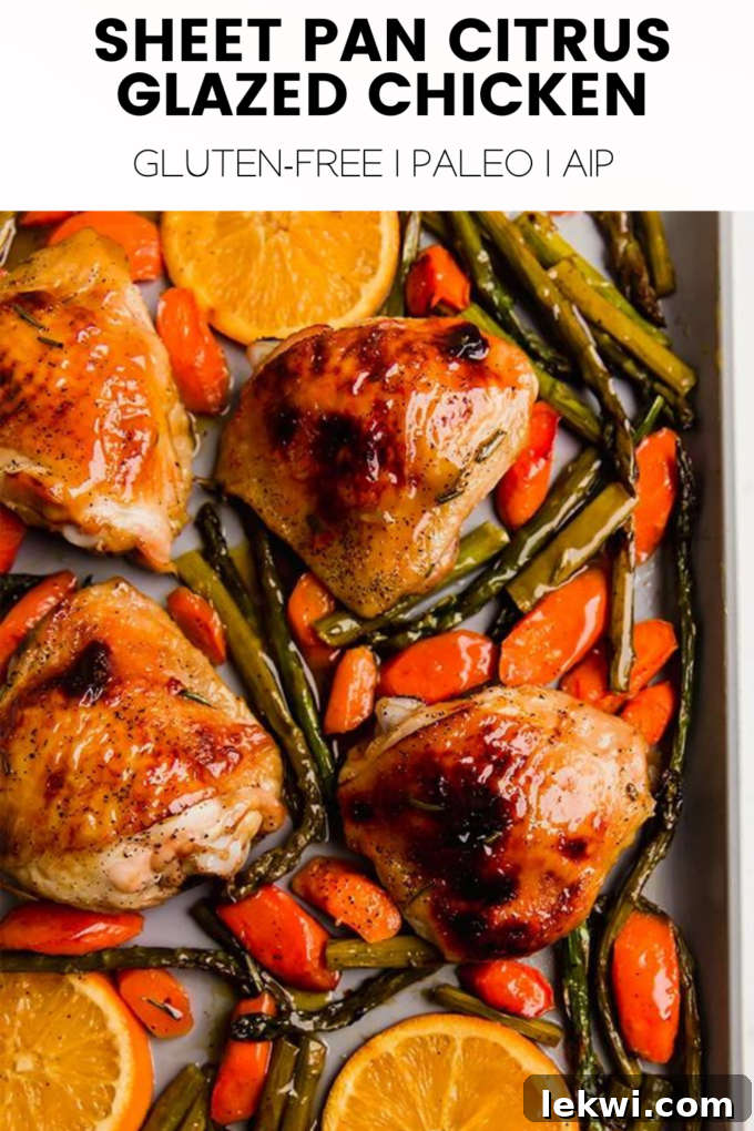 Promotional graphic for "Sheet Pan Citrus Glazed Chicken" indicating it is Gluten-Free, Paleo, and AIP-friendly.