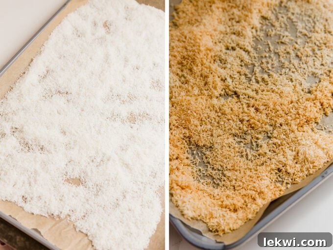 Two images showing shredded coconut: one before toasting (white) and one after toasting (golden brown) on a baking sheet.