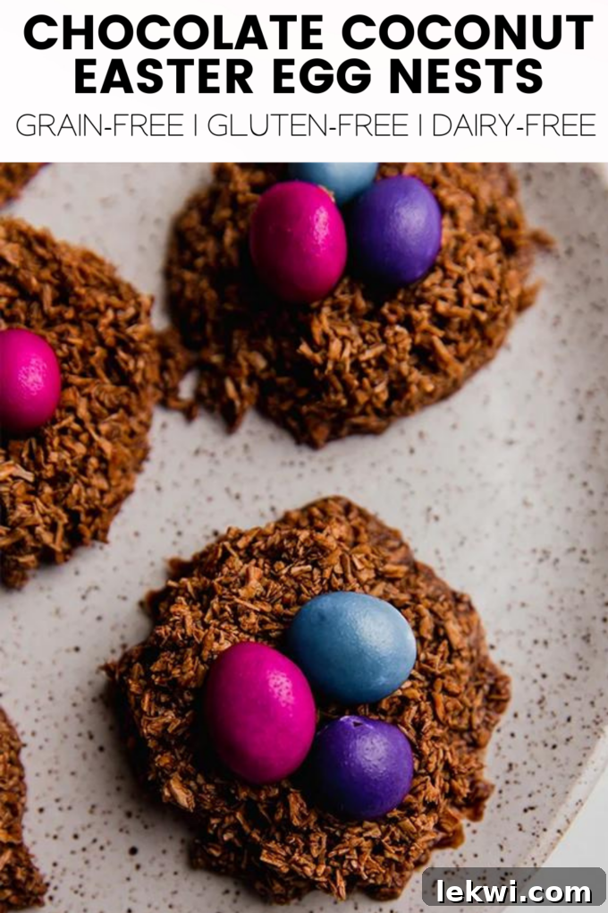 Image displaying several chocolate coconut Easter egg nests with text overlay: "Chocolate Coconut Easter Egg Nests Grain-Free | Gluten-Free | Dairy-Free." 
