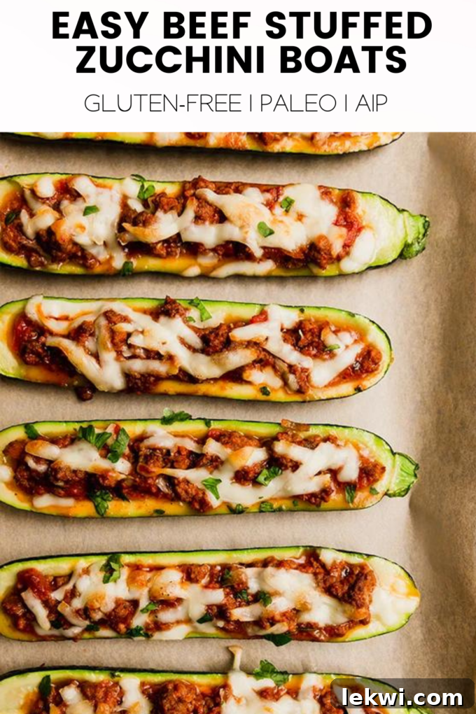 An eye-catching promotional image featuring text "Easy Beef Stuffed Zucchini Boats Gluten-Free | Paleo | AIP," clearly highlighting the key dietary benefits of the recipe for health-conscious eaters.